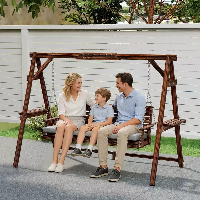 Balançoire de porche 3 places en bois avec support en A, coussin et plateaux latéraux, Marron carbonisé