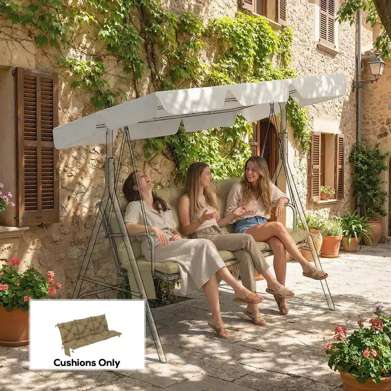 Coussin de banc balancelle d'extérieur 3 places avec dossier, attaches antiderapantes et poches laterales - beige