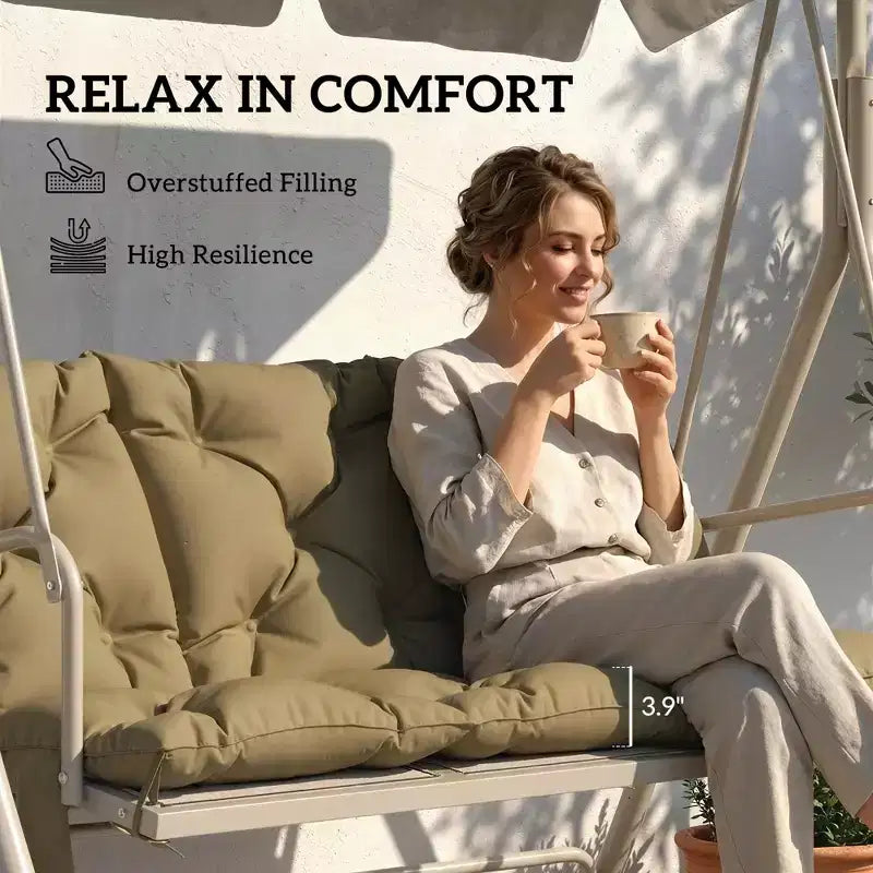 Coussin de banc balancelle d'extérieur 3 places avec dossier, attaches antiderapantes et poches laterales - beige