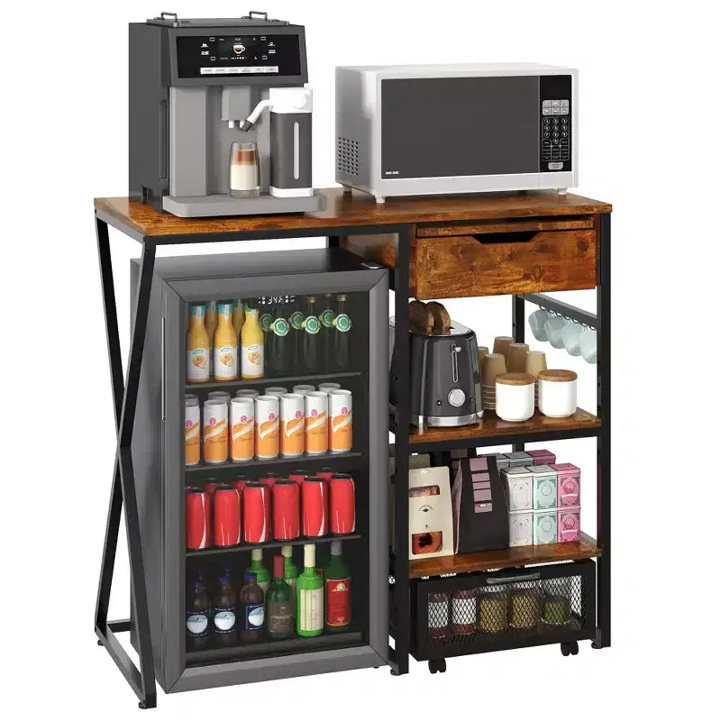 Support de mini-réfrigérateur à 3 niveaux avec prise de courant, panier de rangement et plateforme de travail coulissante - Étagère à micro-ondes/bar à café robuste pour dortoirs