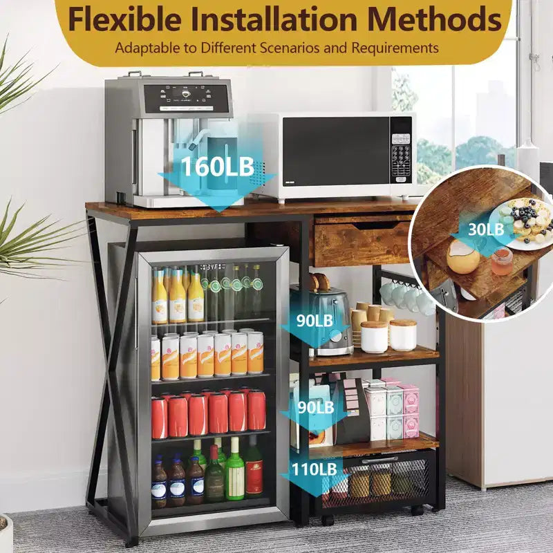 Support de mini-réfrigérateur 3 niveaux avec prise électrique, panier de rangement et plateau de travail coulissant - Rack robuste pour micro-ondes et bar à café pour dortoirs