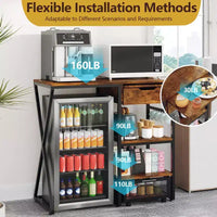 Support de mini-réfrigérateur 3 niveaux avec prise électrique, panier de rangement et plateau de travail coulissant - Rack robuste pour micro-ondes et bar à café pour dortoirs