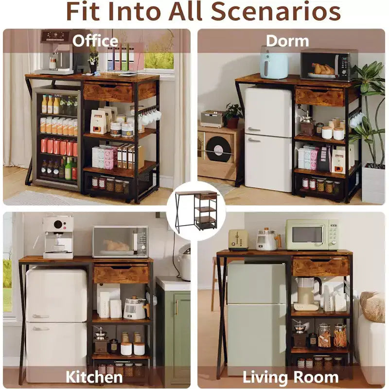 Support de mini-réfrigérateur 3 niveaux avec prise électrique, panier de rangement et plateau de travail coulissant - Rack robuste pour micro-ondes et bar à café pour dortoirs