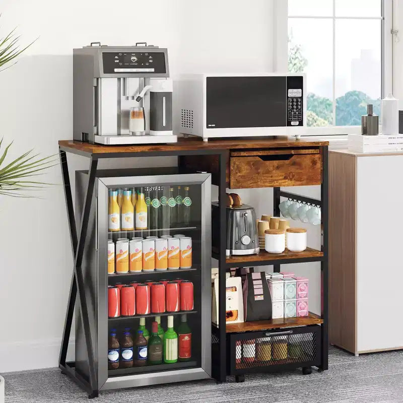 Support de mini-réfrigérateur 3 niveaux avec prise électrique, panier de rangement et plateau de travail coulissant - Rack robuste pour micro-ondes et bar à café pour dortoirs