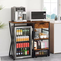 Support de mini-réfrigérateur 3 niveaux avec prise électrique, panier de rangement et plateau de travail coulissant - Rack robuste pour micro-ondes et bar à café pour dortoirs
