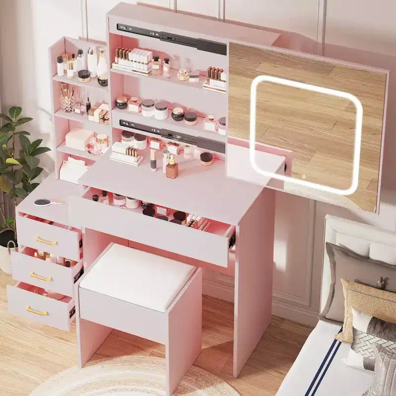 Ensemble coiffeuse avec miroir LED coulissant, 4 tiroirs, prise de courant, étagères de rangement, étagère ouverte, tabouret coussiné, table de maquillage pour chambre, rose