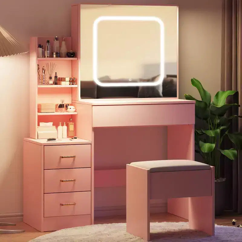 Ensemble coiffeuse avec miroir LED coulissant, 4 tiroirs, prise de courant, étagères de rangement, étagère ouverte, tabouret coussiné, table de maquillage pour chambre, rose