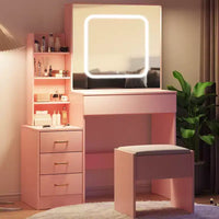 Ensemble coiffeuse avec miroir LED coulissant, 4 tiroirs, prise de courant, étagères de rangement, étagère ouverte, tabouret coussiné, table de maquillage pour chambre, rose