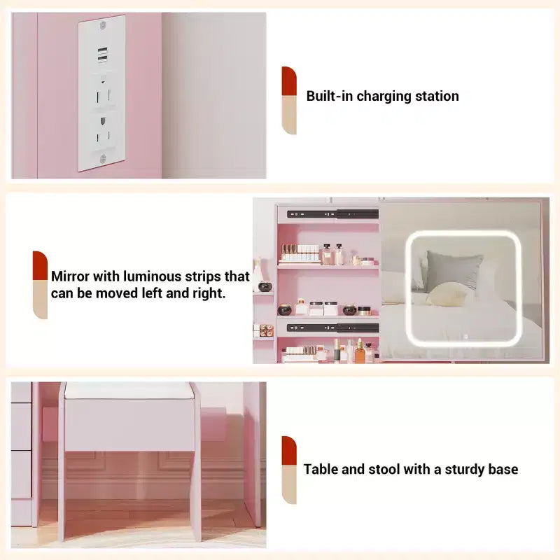 Ensemble coiffeuse avec miroir LED coulissant, 4 tiroirs, prise de courant, étagères de rangement, étagère ouverte, tabouret coussiné, table de maquillage pour chambre, rose