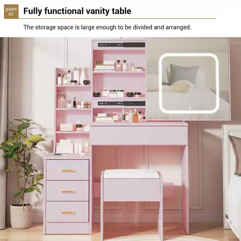 Ensemble coiffeuse avec miroir LED coulissant, 4 tiroirs, prise de courant, étagères de rangement, étagère ouverte, tabouret coussiné, table de maquillage pour chambre, rose
