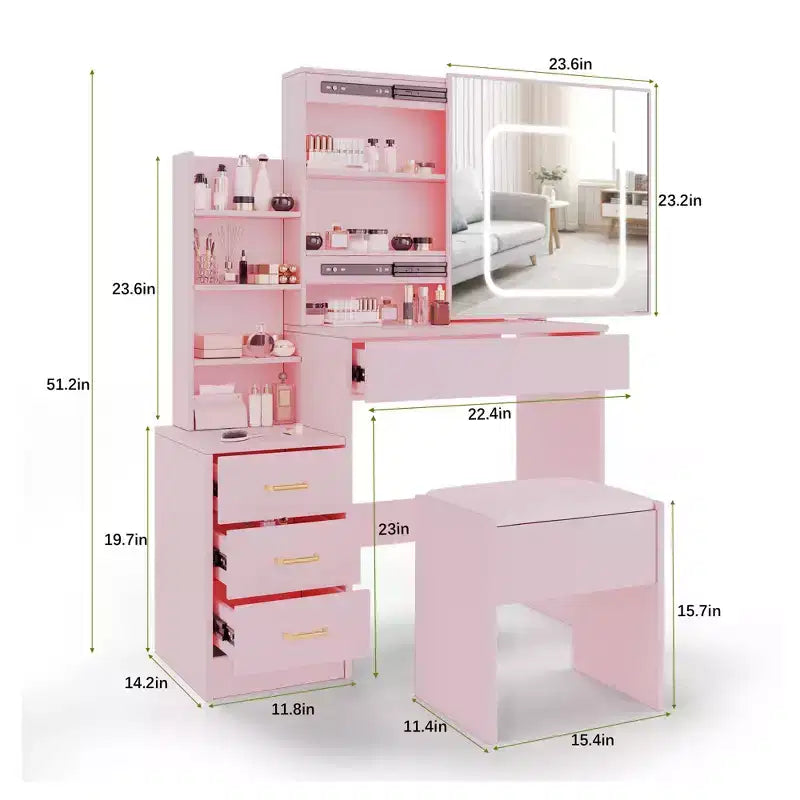 Ensemble coiffeuse avec miroir LED coulissant, 4 tiroirs, prise de courant, étagères de rangement, étagère ouverte, tabouret coussiné, table de maquillage pour chambre, rose