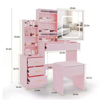 Ensemble coiffeuse avec miroir LED coulissant, 4 tiroirs, prise de courant, étagères de rangement, étagère ouverte, tabouret coussiné, table de maquillage pour chambre, rose