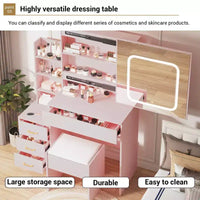 Ensemble coiffeuse avec miroir LED coulissant, 4 tiroirs, prise de courant, étagères de rangement, étagère ouverte, tabouret coussiné, table de maquillage pour chambre, rose