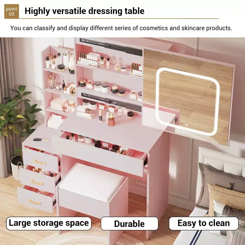 Ensemble coiffeuse avec miroir LED coulissant, 4 tiroirs, prise de courant, étagères de rangement, étagère ouverte, tabouret coussiné, table de maquillage pour chambre, rose