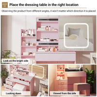 Ensemble coiffeuse avec miroir LED coulissant, 4 tiroirs, prise de courant, étagères de rangement, étagère ouverte, tabouret coussiné, table de maquillage pour chambre, rose