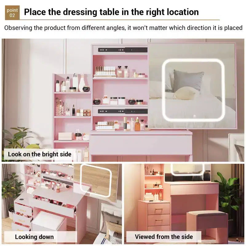 Ensemble coiffeuse avec miroir LED coulissant, 4 tiroirs, prise de courant, étagères de rangement, étagère ouverte, tabouret coussiné, table de maquillage pour chambre, rose