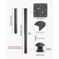VEVOR Pieds de table reglables, pieds de meuble carres en acier 24-40 po, charge max 1200 lb, robustes, installation rapide, 4 pièces, noir