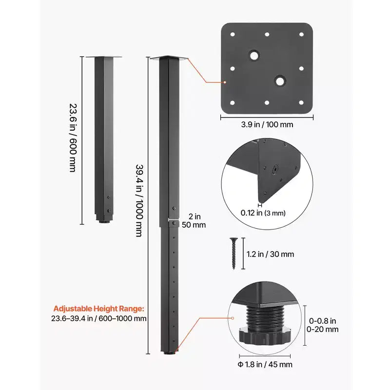 VEVOR Pieds de table reglables, pieds de meuble carres en acier 24-40 po, charge max 1200 lb, robustes, installation rapide, 4 pièces, noir