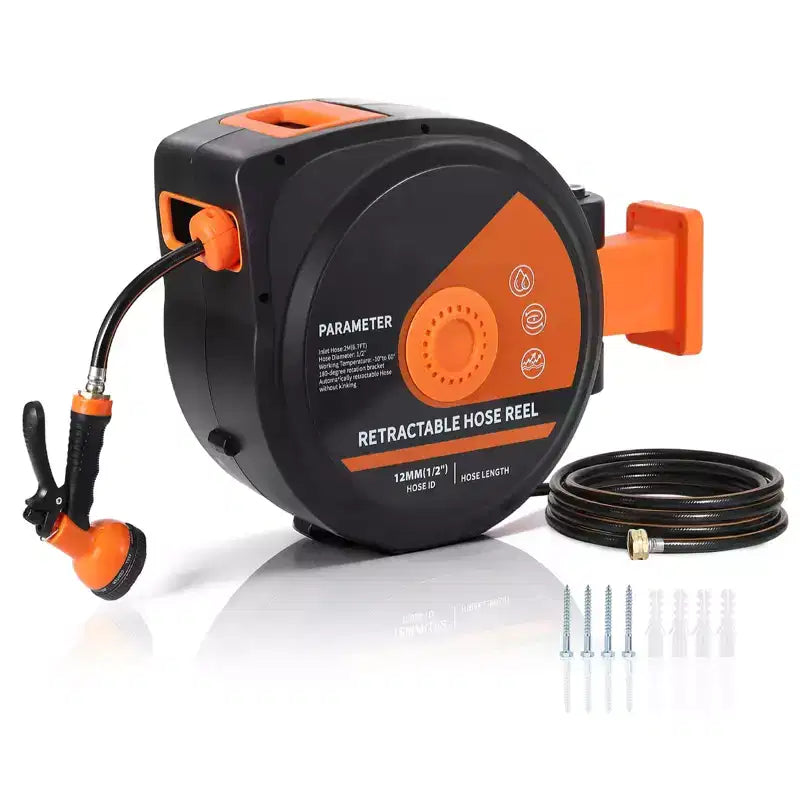 Dévidoir de tuyau d'arrosage rétractable de 40 m, tuyau à enroulement automatique de 1,27 cm, fixation murale, buse d'arrosage à 10 fonctions, support pivotant à 180°, verrouillage à n'importe quelle longueur