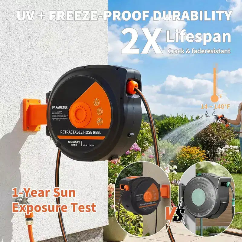 Dévidoir de tuyau d'arrosage rétractable de 40 m, tuyau à enroulement automatique de 1,27 cm, fixation murale, buse d'arrosage à 10 fonctions, support pivotant à 180°, verrouillage à n'importe quelle longueur