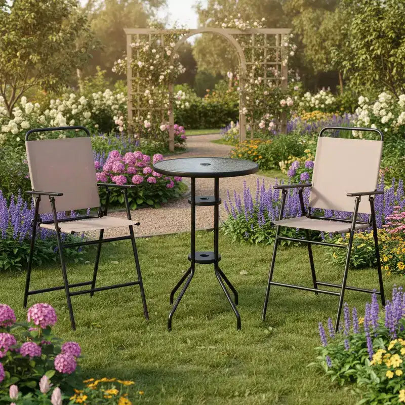 Gymax Ensemble de bistrot pliant 3 pièces avec table de bar ronde et chaises avec trou pour parasol de 1,6 pour jardin, patio et piscine