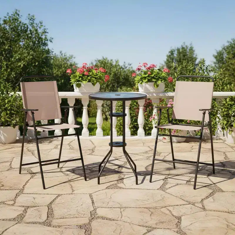 Gymax Ensemble de bistrot pliant 3 pièces avec table de bar ronde et chaises avec trou pour parasol de 1,6 pour jardin, patio et piscine