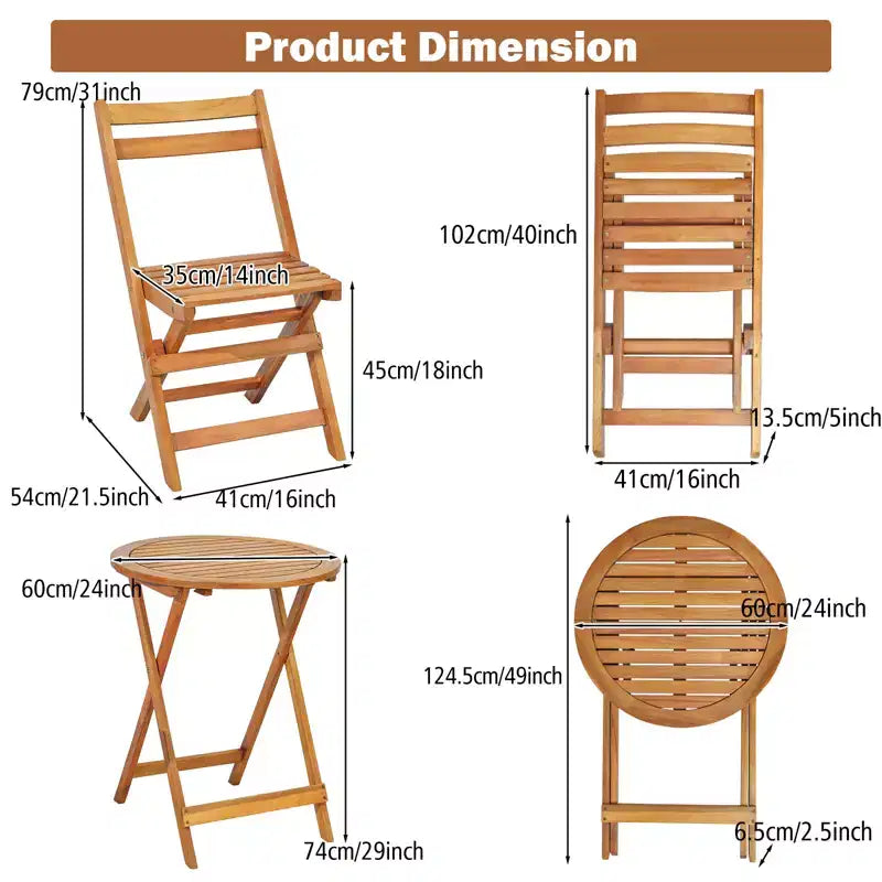 Gymax Ensemble bistrot de jardin pliable 3 pièces avec table et chaises en bois d'acacia massif design à lattes pour la respirabilité pour jardin, terrasse, bord de piscine