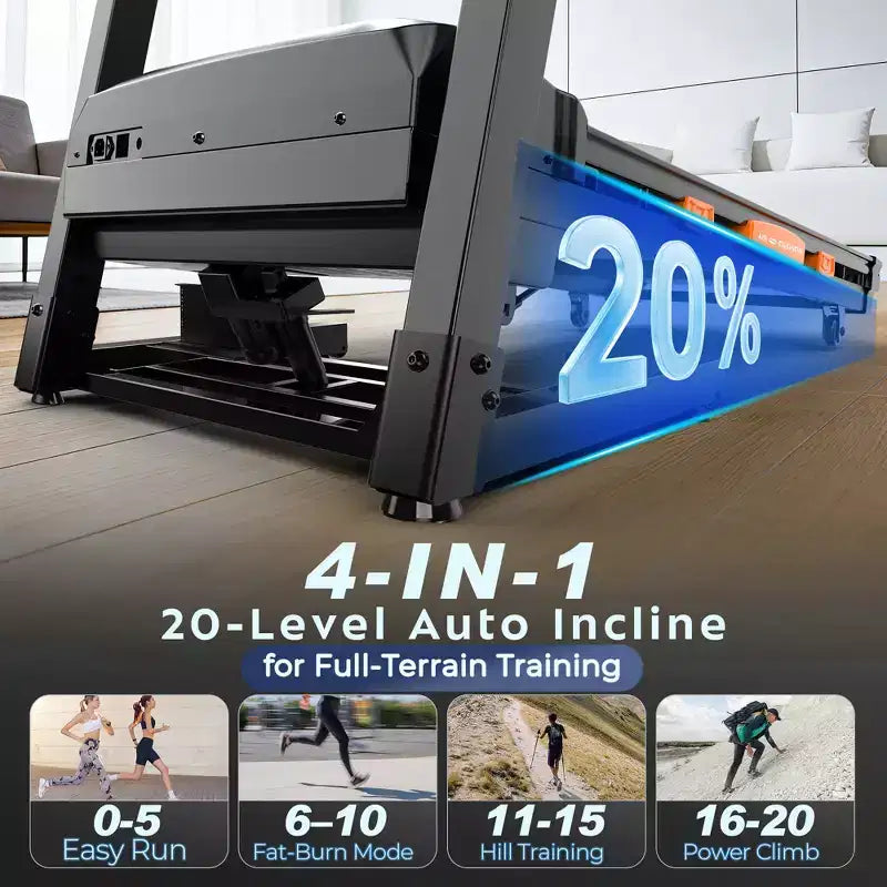 Tapis de Course Inclinable Automatique à 20 %, Tapis Roulant Pliable avec Barre d'Appui, Moteur Silencieux sans Balais de 5 CV, Écran LED, Capacité de 180 kg