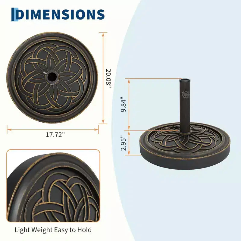 Base de parasol de terrasse ronde robuste, support en résine de 12 kg, adaptateur de mât réglable de 3,8 à 5,3 cm, pour parasols de 2,3 à 3,3 m.