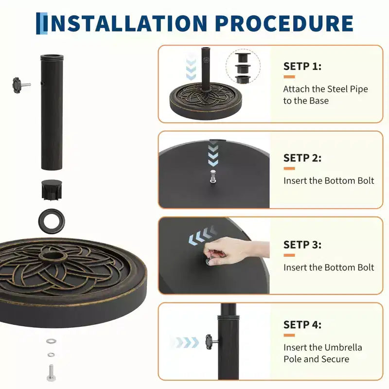 Base de parasol de terrasse ronde robuste, support en résine de 12 kg, adaptateur de mât réglable de 3,8 à 5,3 cm, pour parasols de 2,3 à 3,3 m.