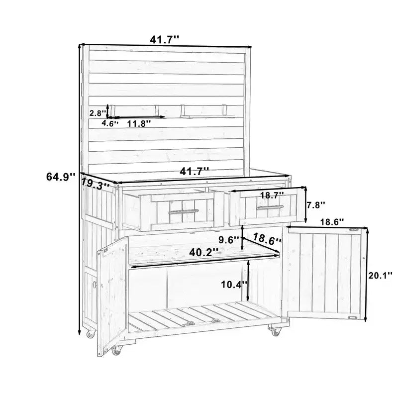 Whisen 64.9 Grande Desserte Îlot de Cuisine d'Extérieur avec Évier, Banc de Jardinage, Chariot de Barbecue Extérieur avec Plateau en Acier Inoxydable