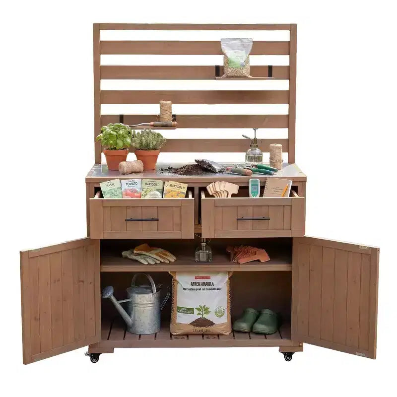 Whisen 64.9 Grande Desserte Îlot de Cuisine d'Extérieur avec Évier, Banc de Jardinage, Chariot de Barbecue Extérieur avec Plateau en Acier Inoxydable