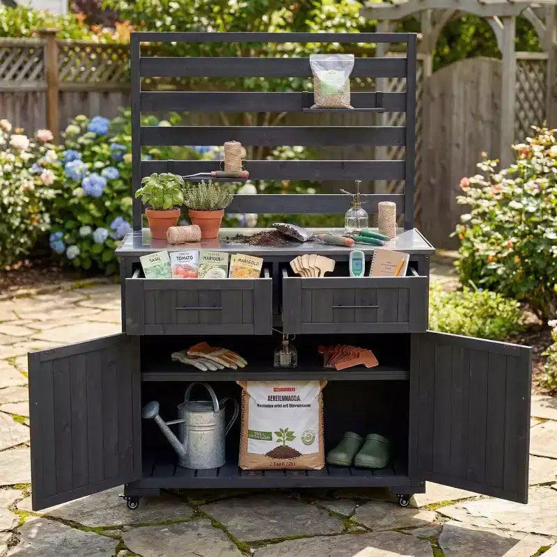 Whisen 64.9 Grande Desserte Îlot de Cuisine d'Extérieur avec Évier, Banc de Jardinage, Chariot de Barbecue Extérieur avec Plateau en Acier Inoxydable