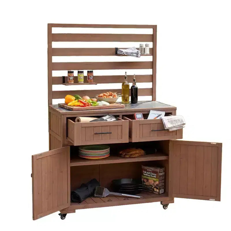 Whisen 64.9 Grande Desserte Îlot de Cuisine d'Extérieur avec Évier, Banc de Jardinage, Chariot de Barbecue Extérieur avec Plateau en Acier Inoxydable