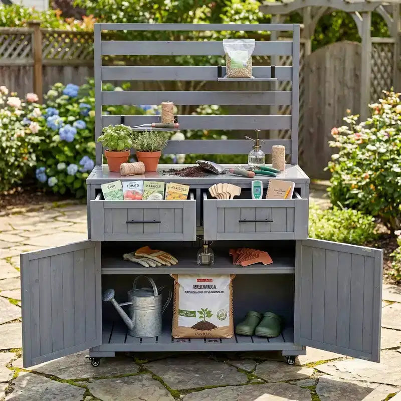 Whisen 64.9 Grande Desserte Îlot de Cuisine d'Extérieur avec Évier, Banc de Jardinage, Chariot de Barbecue Extérieur avec Plateau en Acier Inoxydable
