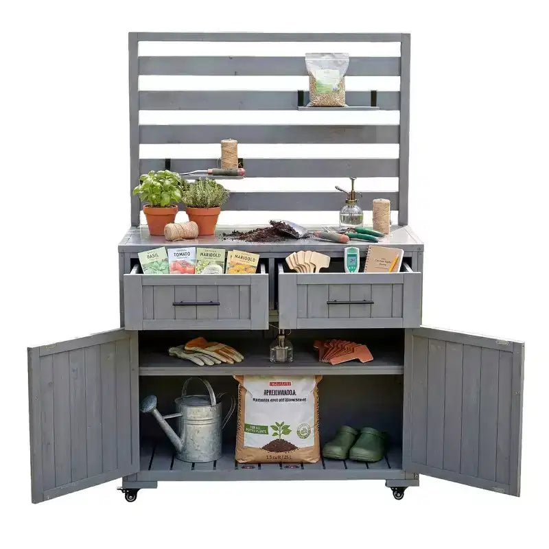 Whisen 64.9 Grande Desserte Îlot de Cuisine d'Extérieur avec Évier, Banc de Jardinage, Chariot de Barbecue Extérieur avec Plateau en Acier Inoxydable