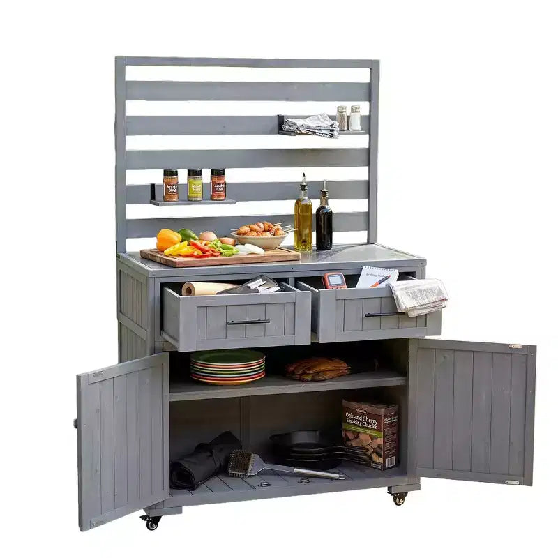 Whisen 64.9 Grande Desserte Îlot de Cuisine d'Extérieur avec Évier, Banc de Jardinage, Chariot de Barbecue Extérieur avec Plateau en Acier Inoxydable