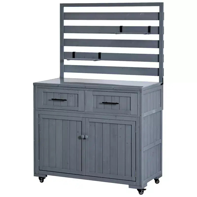 Whisen 64.9 Grande Desserte Îlot de Cuisine d'Extérieur avec Évier, Banc de Jardinage, Chariot de Barbecue Extérieur avec Plateau en Acier Inoxydable