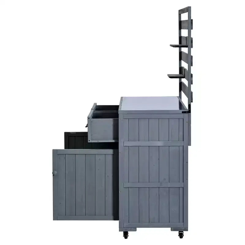 Whisen 64.9 Grande Desserte Îlot de Cuisine d'Extérieur avec Évier, Banc de Jardinage, Chariot de Barbecue Extérieur avec Plateau en Acier Inoxydable