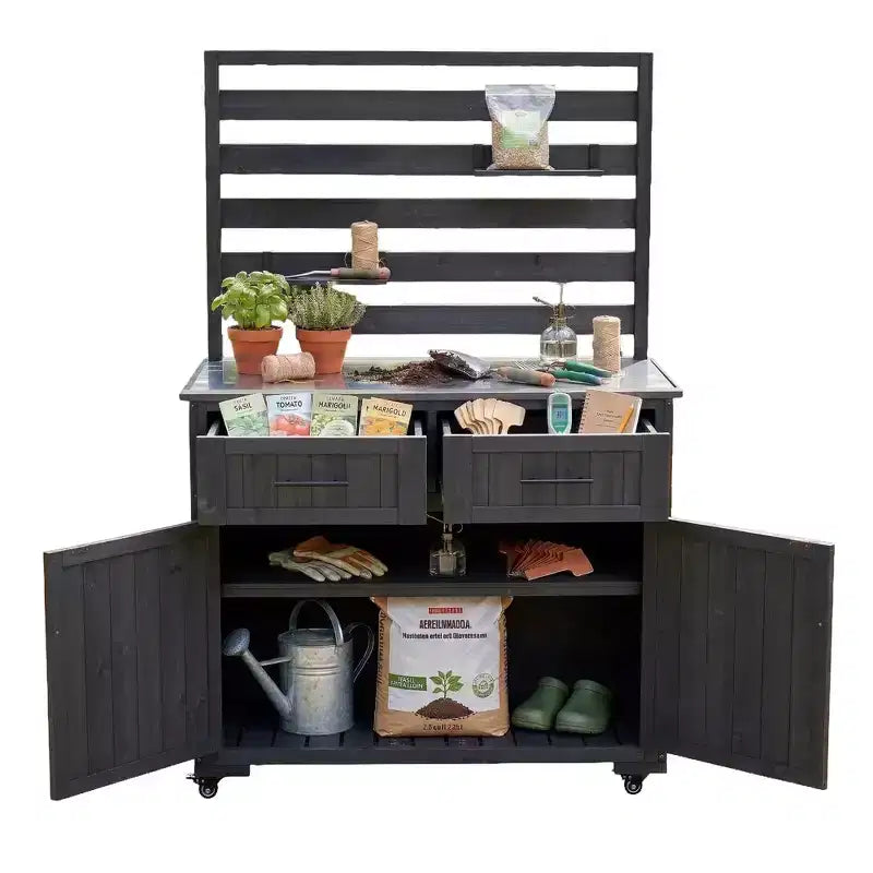 Whisen 64.9 Grande Desserte Îlot de Cuisine d'Extérieur avec Évier, Banc de Jardinage, Chariot de Barbecue Extérieur avec Plateau en Acier Inoxydable