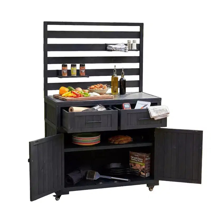 Whisen 64.9 Grande Desserte Îlot de Cuisine d'Extérieur avec Évier, Banc de Jardinage, Chariot de Barbecue Extérieur avec Plateau en Acier Inoxydable