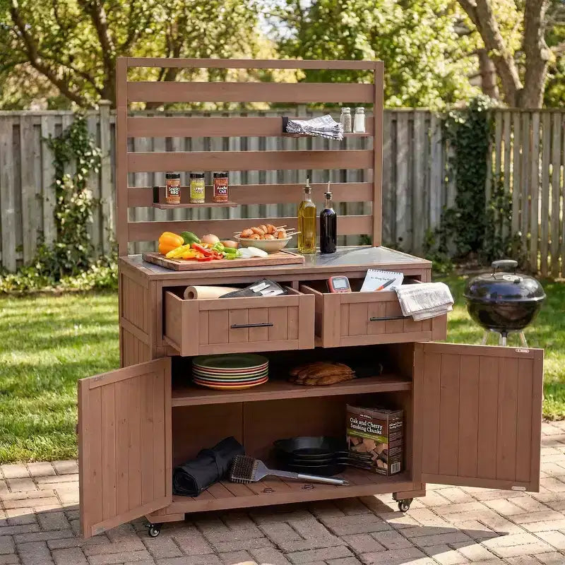 Whisen 64.9 Grande Desserte Îlot de Cuisine d'Extérieur avec Évier, Banc de Jardinage, Chariot de Barbecue Extérieur avec Plateau en Acier Inoxydable