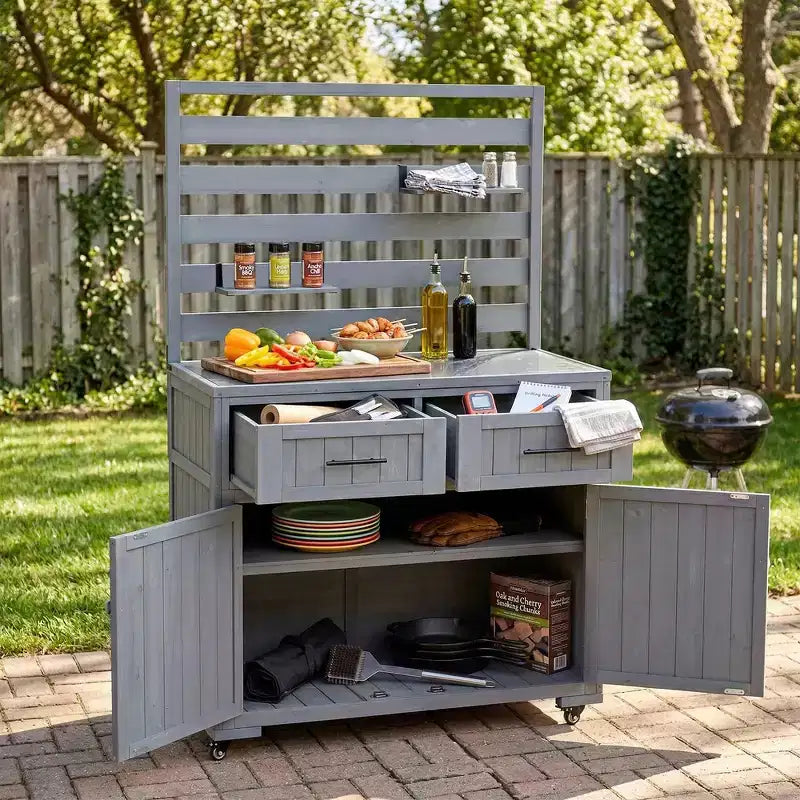 Whisen 64.9 Grande Desserte Îlot de Cuisine d'Extérieur avec Évier, Banc de Jardinage, Chariot de Barbecue Extérieur avec Plateau en Acier Inoxydable