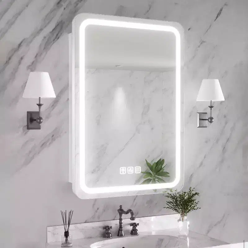 Armoire à pharmacie rectangulaire FAMYYT 20 po L x 28 po H en fer avec miroir, lumière DEL dimmable, fonction antibuée et prises - Entièrement assemblée