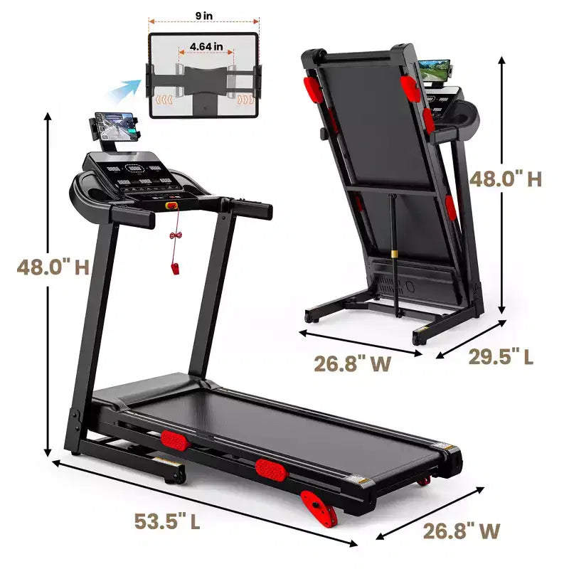 Tapis de course silencieux 3,75 CV avec inclinaison, vitesse de 1 à 16 km/h, capacité de 150 kg, écran LED et Bluetooth
