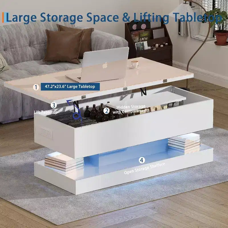Table basse à plateau relevable avec éclairage LED, finition brillante, rangement contrôlé par application, réglable et convertible, table de salle à manger moderne pour salon