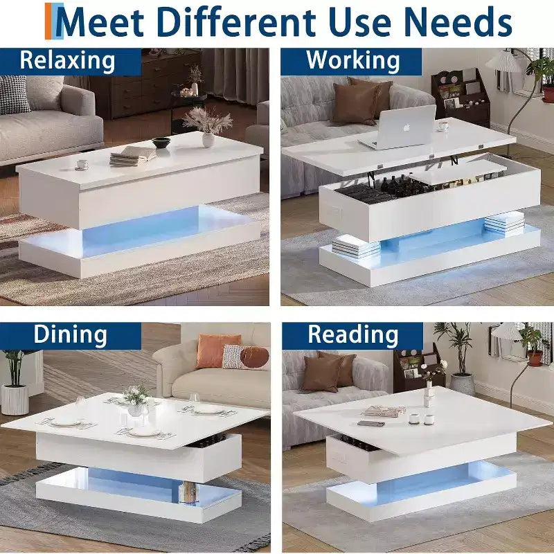 Table basse à plateau relevable avec éclairage LED, finition brillante, rangement contrôlé par application, réglable et convertible, table de salle à manger moderne pour salon