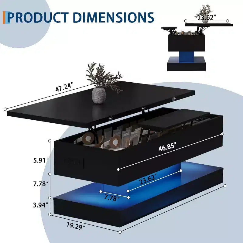 Table basse à plateau relevable avec éclairage LED, finition brillante, rangement contrôlé par application, réglable et convertible, table de salle à manger moderne pour salon