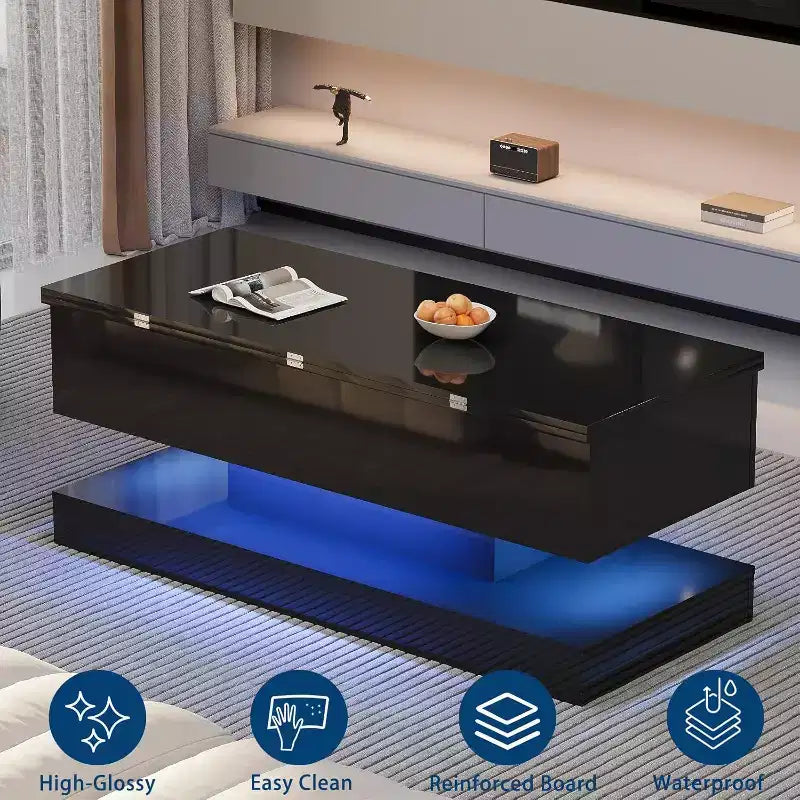 Table basse à plateau relevable avec éclairage LED, finition brillante, rangement contrôlé par application, réglable et convertible, table de salle à manger moderne pour salon