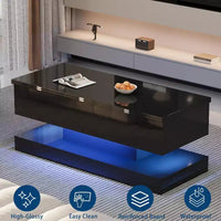 Table basse à plateau relevable avec éclairage LED, finition brillante, rangement contrôlé par application, réglable et convertible, table de salle à manger moderne pour salon